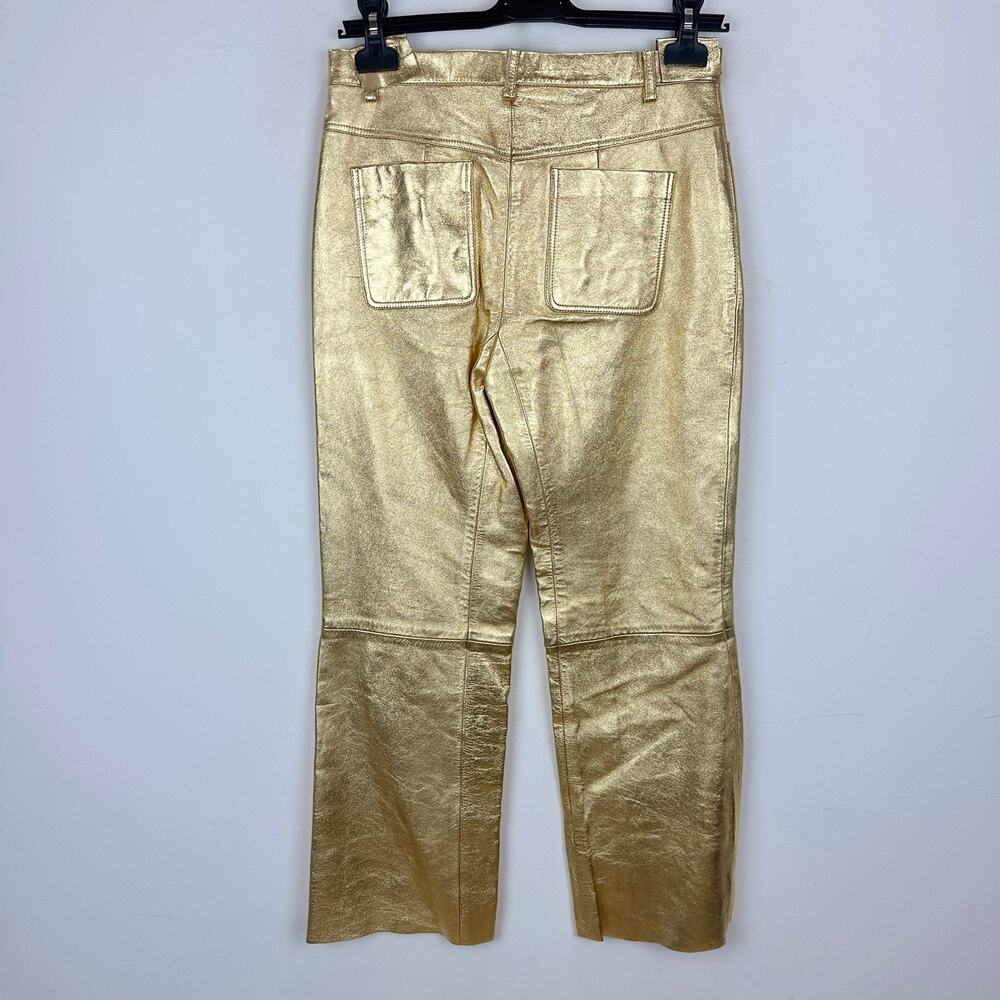 Sandro Metallic Lambskin Leather Kick Flare Pants Gold Ankle Crop FR 36 US 4 NWT - Picture 11 of 16